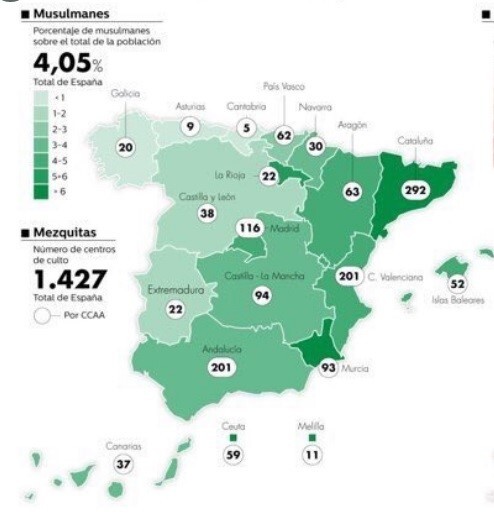 توزیع جغرافیایی جمعیت مسلمانان در اسپانیا+ نقشه