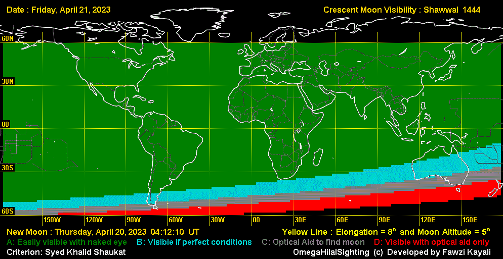 نقشه رویت پذیری هلال ماه شوال 1444 در نقاط مختلف جهان