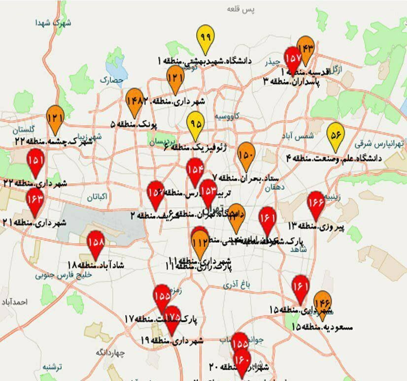 عکس/ ۱۵ نقطه تهران در وضعیت قرمز