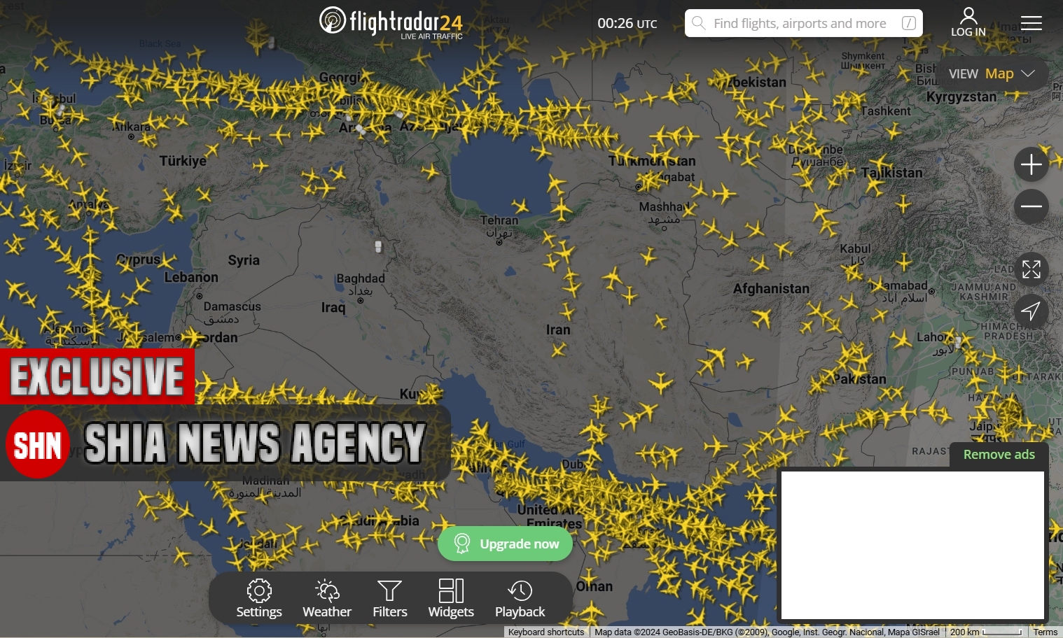 حملات اسراییل به ایران و تصویر flightradar24 از آسمان ایران و عراق در ساعت 03:49 صبح شنبه 5 ابان 1403